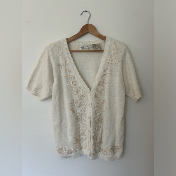 Kathie Lee Vintage floral embroidery cream short sleeve cardigan, size xs - Picture 1 of 4